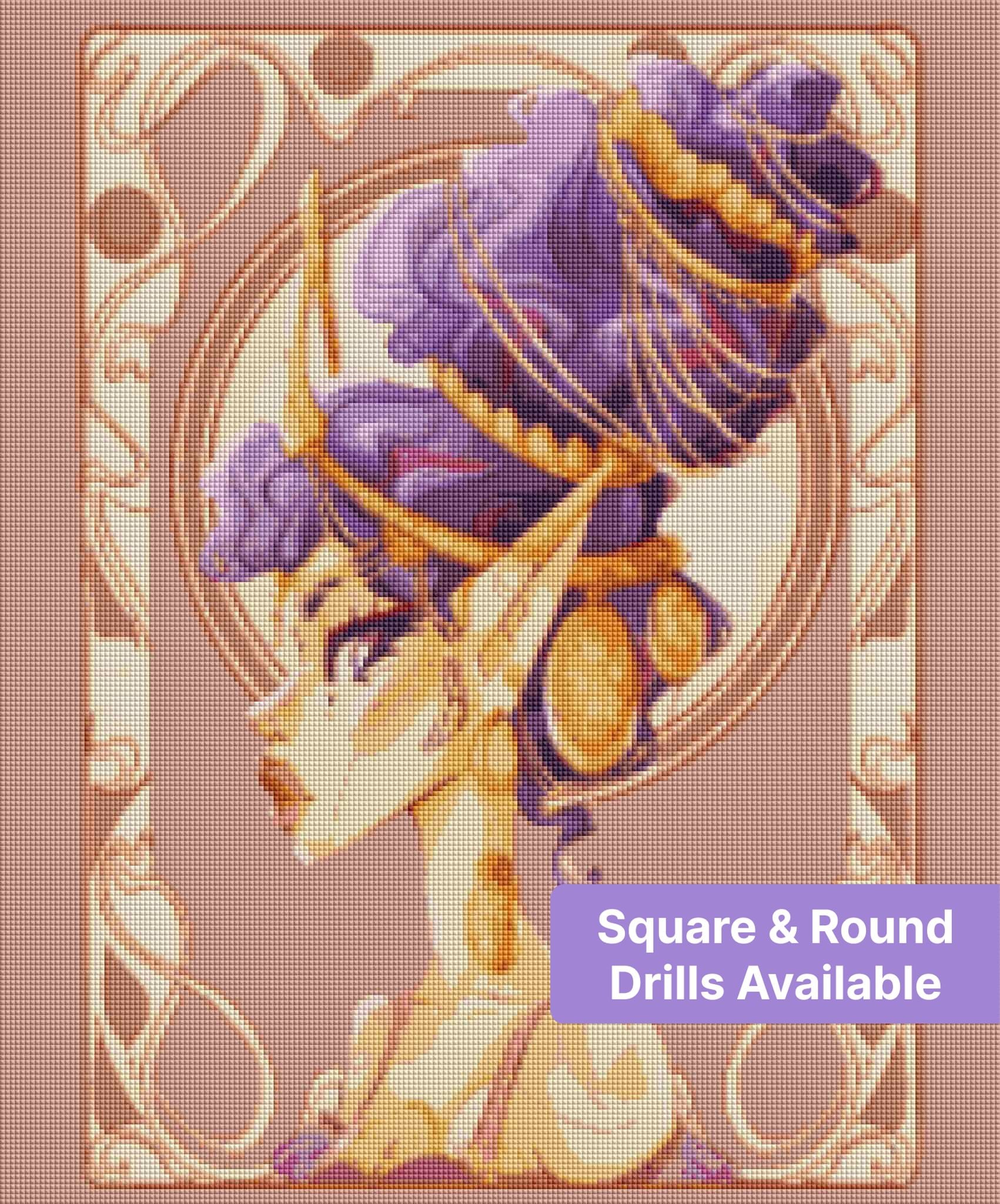 Fantasy woman with purple hair, gold jewelry, and ornate decorative framing