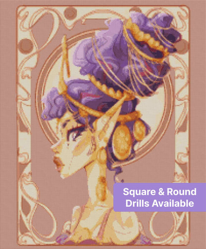 Fantasy woman with purple hair, gold jewelry, and ornate decorative framing