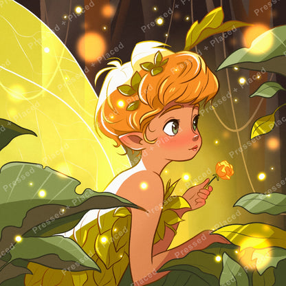 Fairy girl with glowing wings in a magical forest holding a small flower