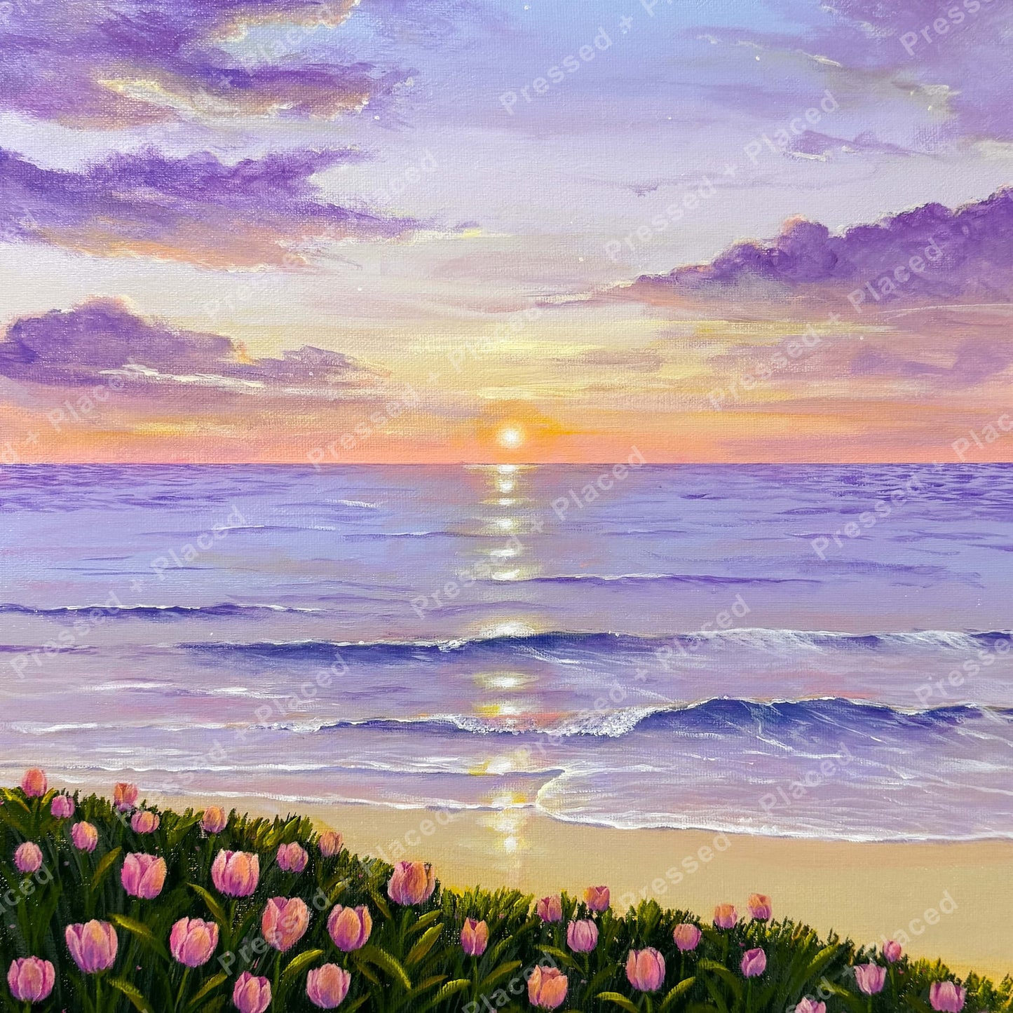 Purple tulips framing a pastel sunset ocean scene with soft waves and glowing clouds