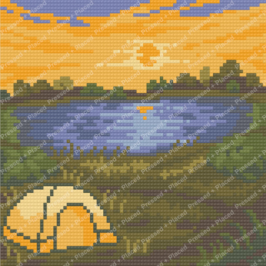 Sunset lakeside landscape with tent, calm water, and warm golden sky