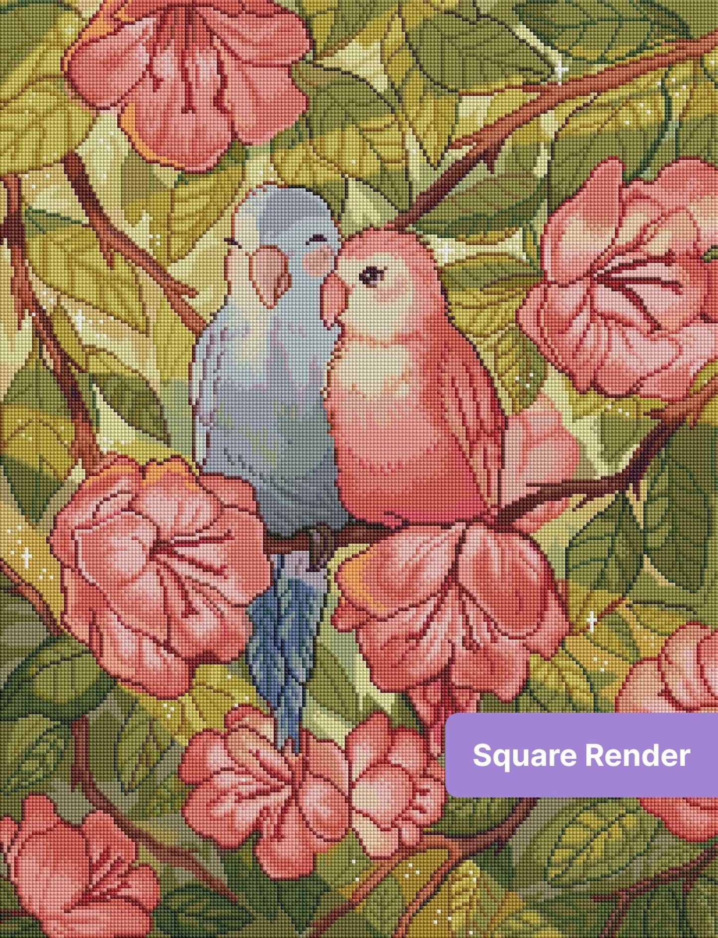 Watercolor parrots perched among pink flowers and green leaves in a soft botanical style