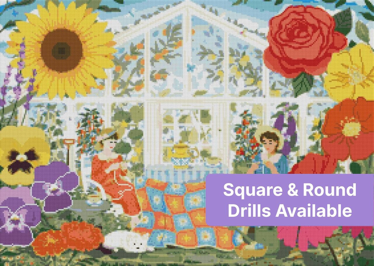 Whimsical greenhouse garden scene with two women, oversized flowers, and cozy cottage details