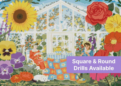 Whimsical greenhouse garden scene with two women, oversized flowers, and cozy cottage details