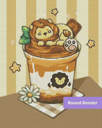 Cute lion cub dessert cup illustration with warm brown tones, stars, and a daisy