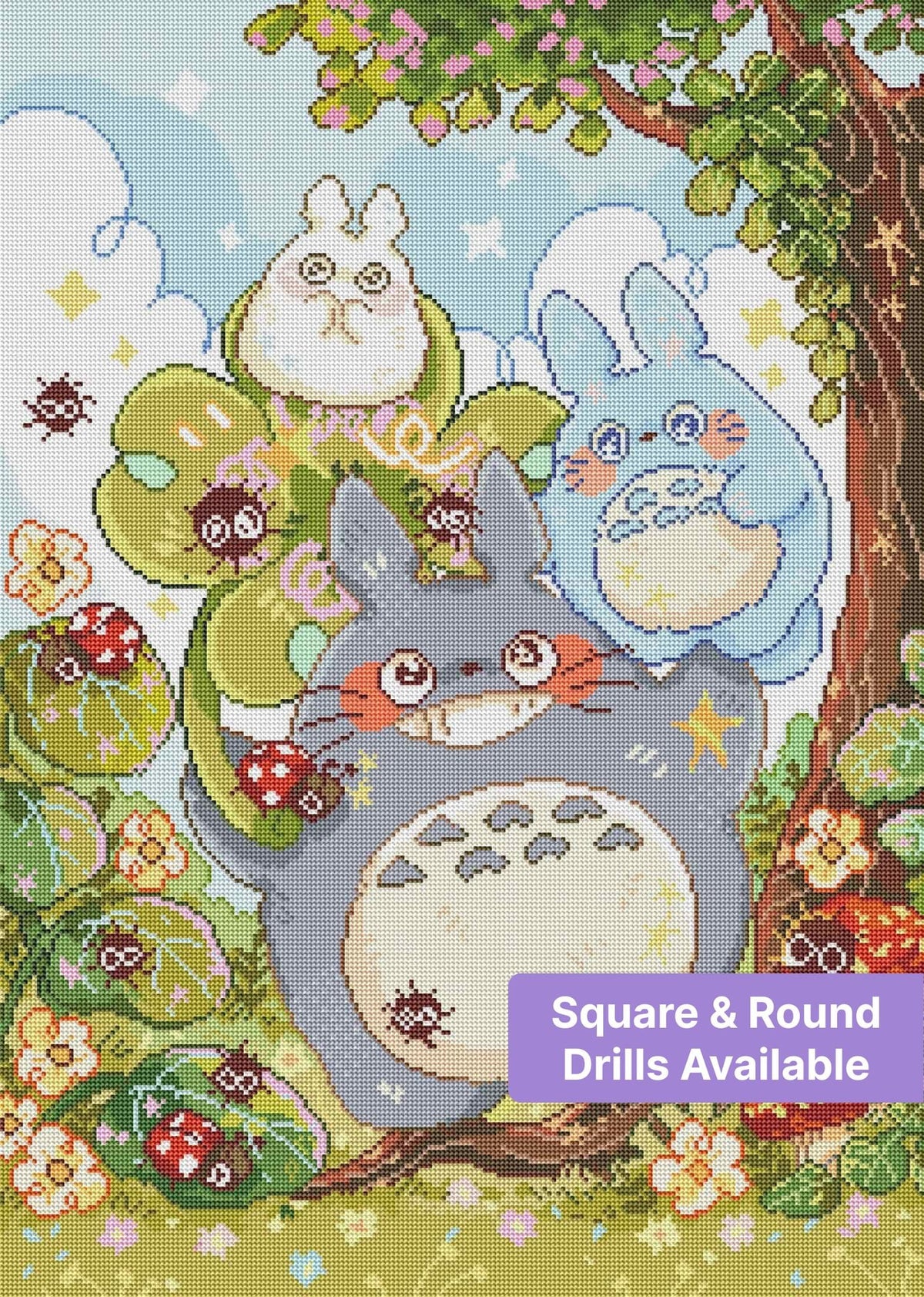 Cute fantasy forest creatures under a flowering tree in a pastel cartoon style