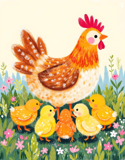 Colorful mother hen with fluffy chicks in a flower-filled meadow, whimsical painted style