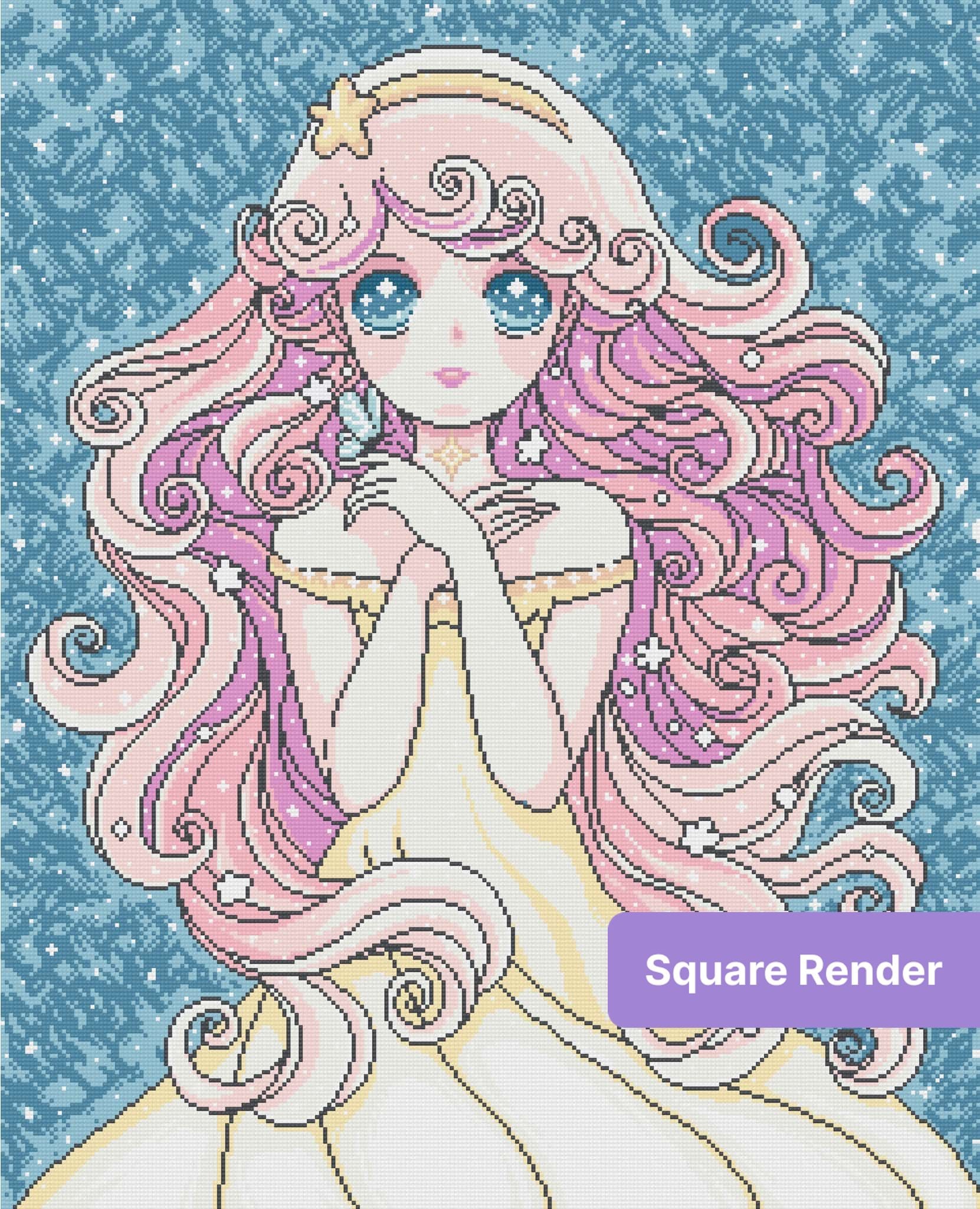 Anime-style pink-haired princess with starry blue background and pastel fantasy details