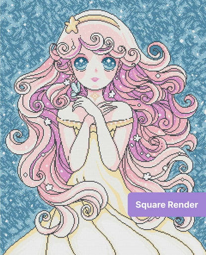 Anime-style pink-haired princess with starry blue background and pastel fantasy details