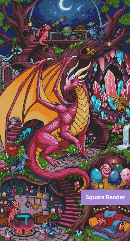Pink fantasy dragon in an enchanted crystal cave with lanterns and tiny dragons