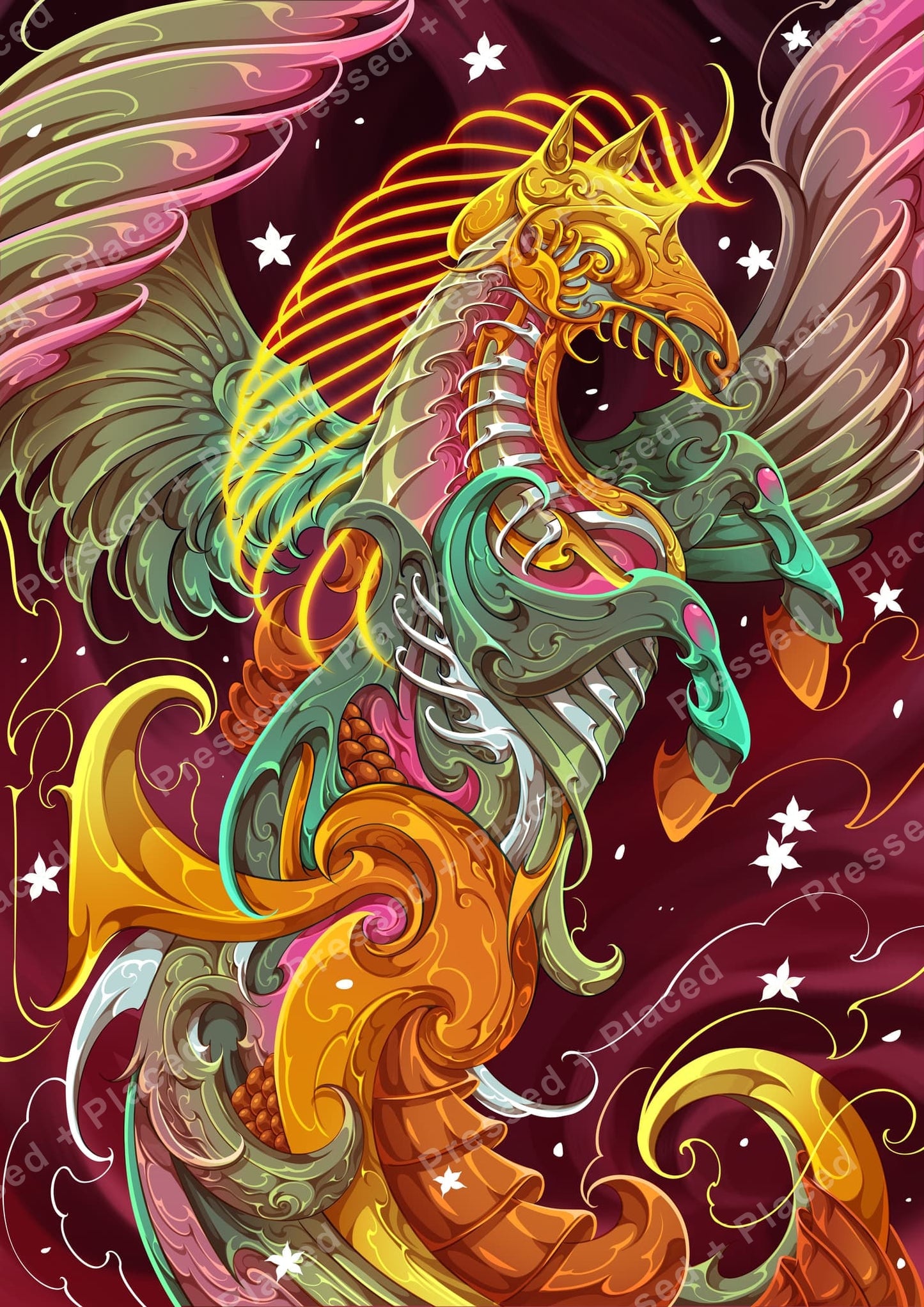 Colorful phoenix dragon with ornate wings and glowing details on a burgundy background