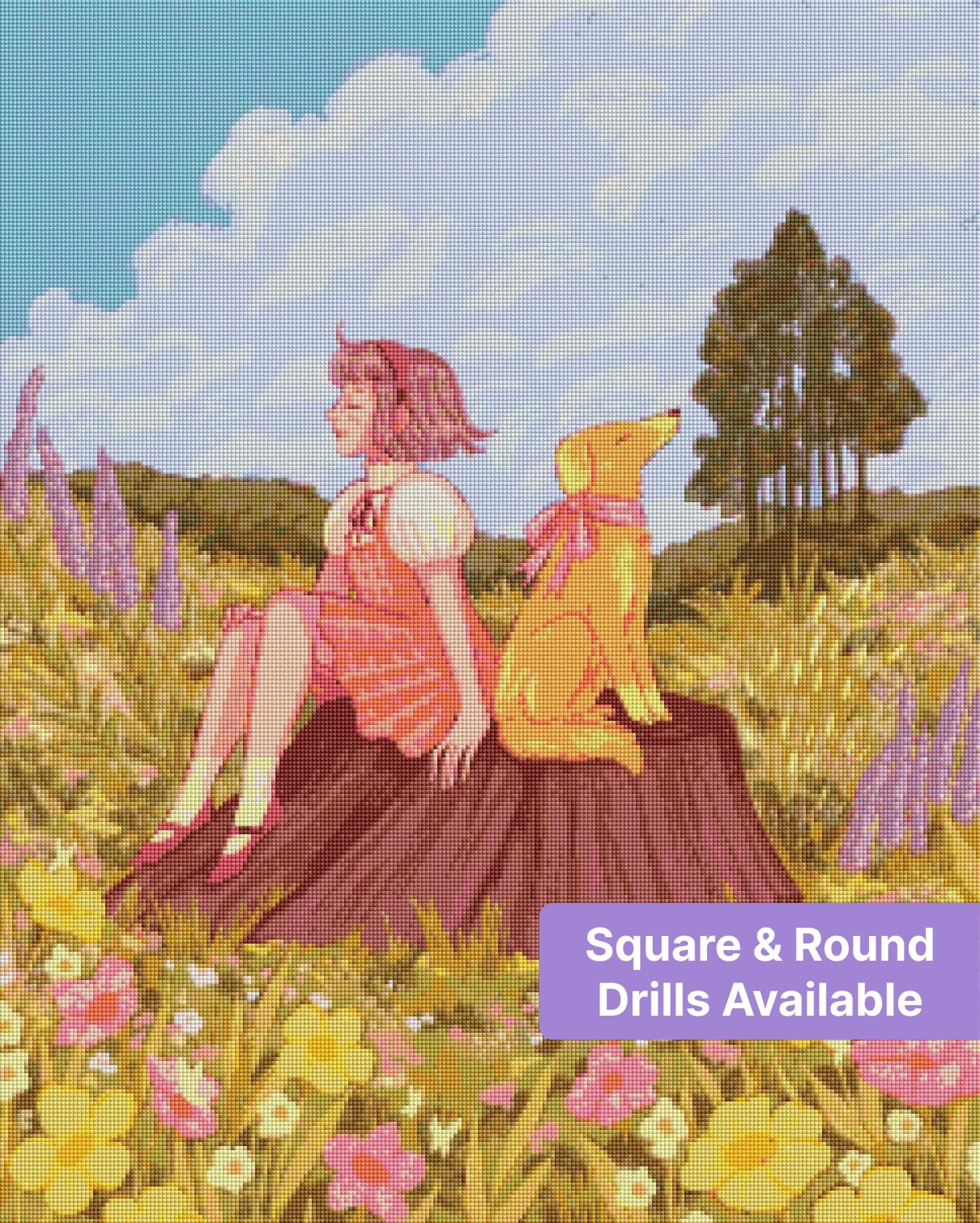 Pastel girl and dog sitting on a tree stump in a flower-filled meadow