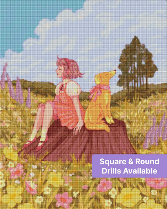 Pastel girl and dog sitting on a tree stump in a flower-filled meadow