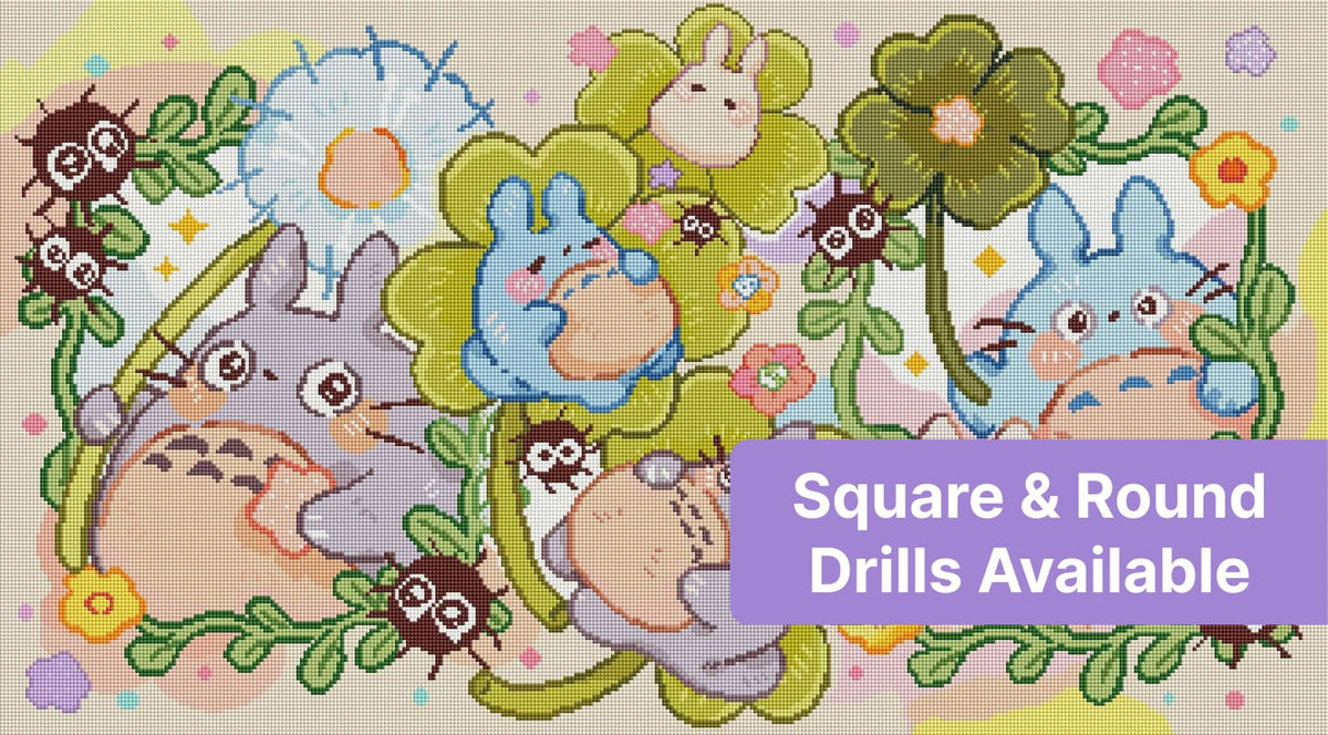 Cute pastel bunny garden scene with flowers, whimsical bugs, and cartoon-style characters