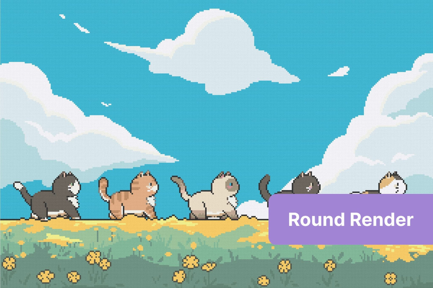 Cartoon cats walking across a sunny meadow with clouds and yellow flowers