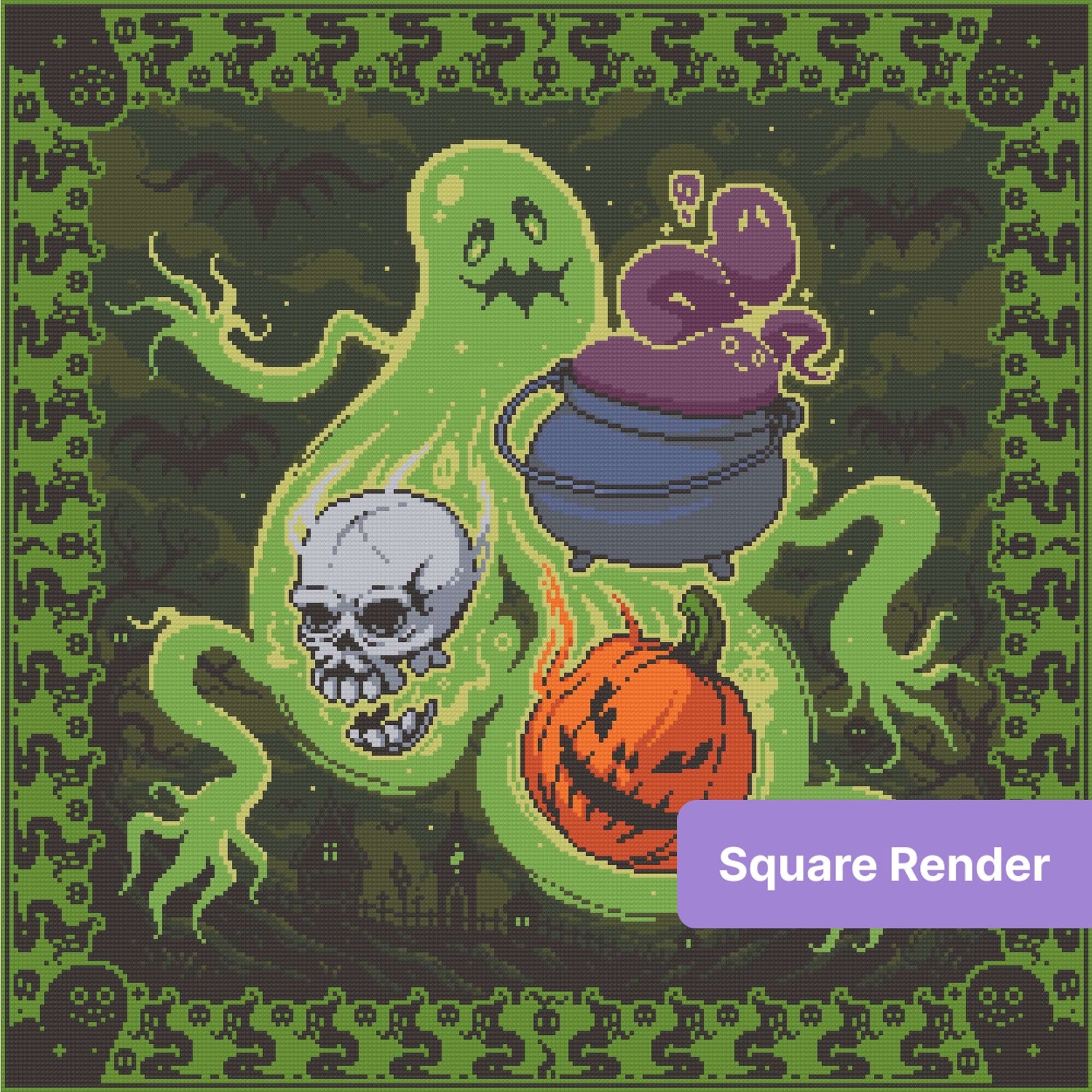 Pixel-style ghost stirring a cauldron with skull, pumpkin, and Halloween border
