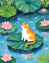 Orange and white cat sitting on lily pads with pink lotus flowers in a whimsical pond scene