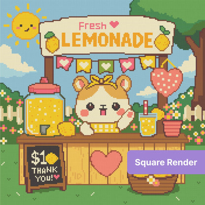 Cute kawaii lemonade stand diamond painting with animal vendor and sunny garden scene