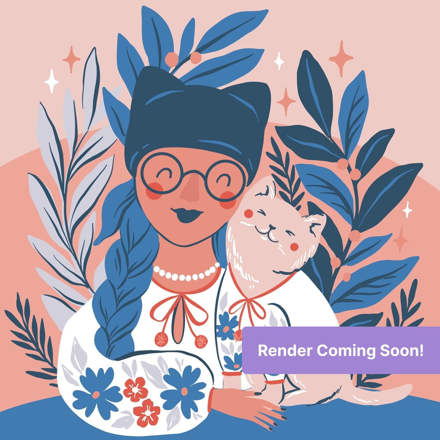 Illustrated girl with cat, blue leaves, and floral accents in a whimsical pastel style