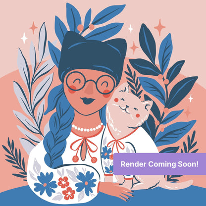 Illustrated girl with cat, blue leaves, and floral accents in a whimsical pastel style