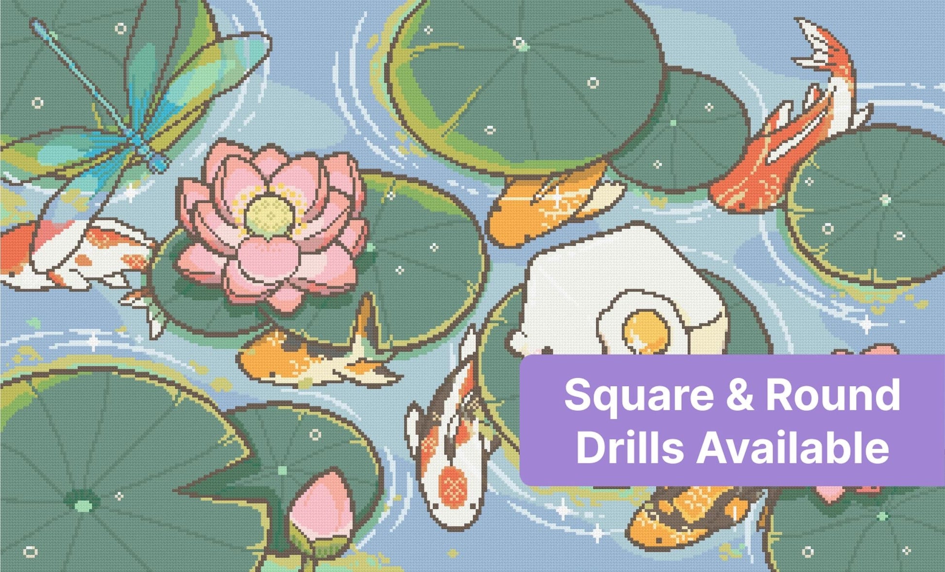 Cartoon koi fish swimming among lily pads and pink lotus flowers in a serene pond scene