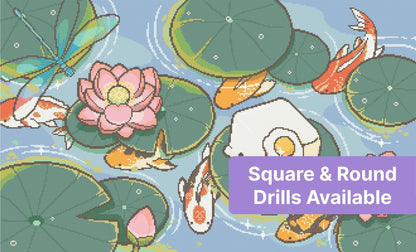 Cartoon koi fish swimming among lily pads and pink lotus flowers in a serene pond scene