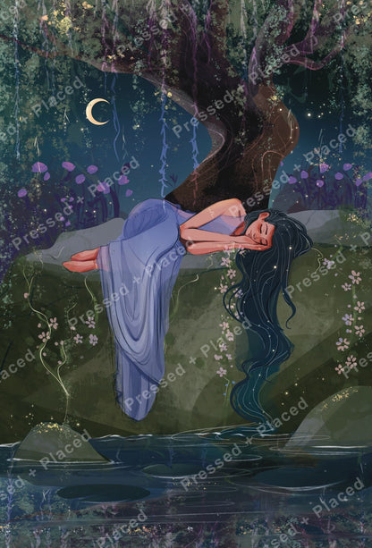 Sleeping woman beneath moonlit tree in a dreamy fantasy forest scene