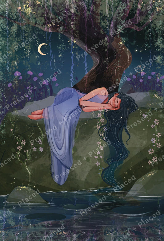 Sleeping woman beneath moonlit tree in a dreamy fantasy forest scene