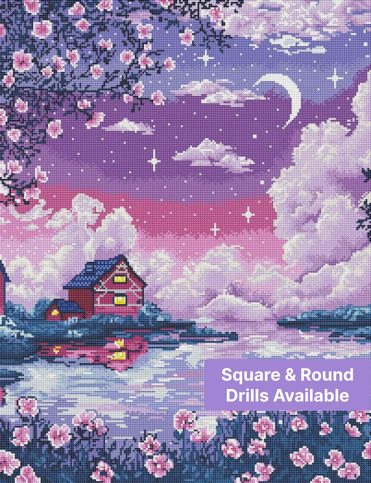 Pastel moonlit lake scene with cherry blossoms, cottage, and a lavender-purple sky