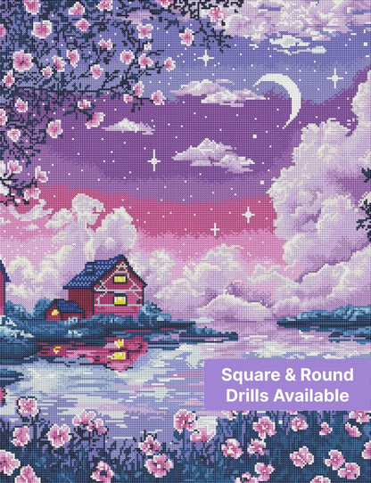 Pastel moonlit lake scene with cherry blossoms, cottage, and a lavender-purple sky