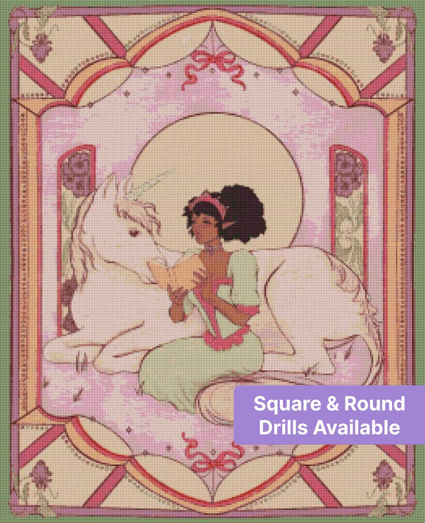 Fairy girl reading beside a white unicorn in a pastel ornate fantasy frame