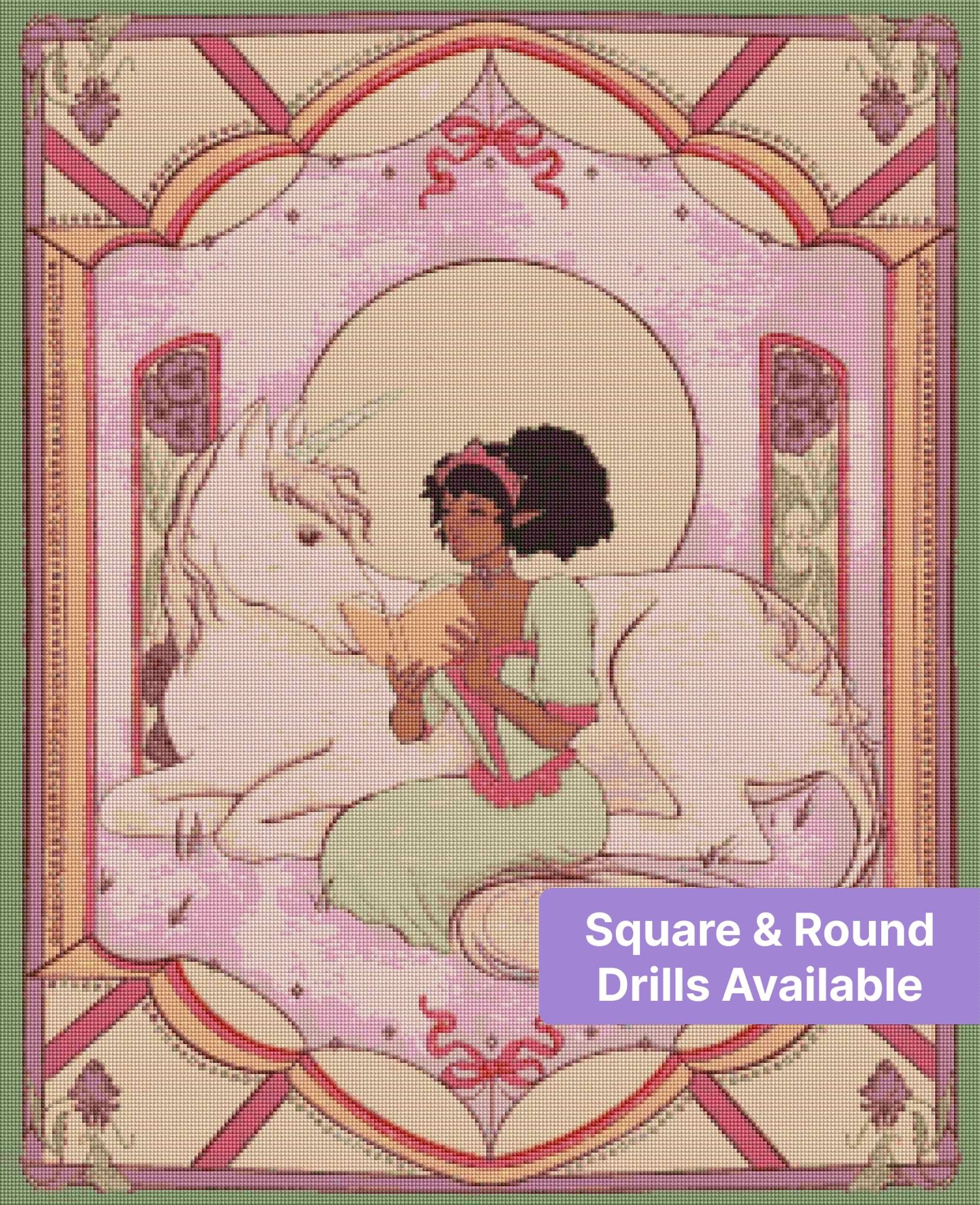 Fairy girl reading beside a white unicorn in a pastel ornate fantasy frame