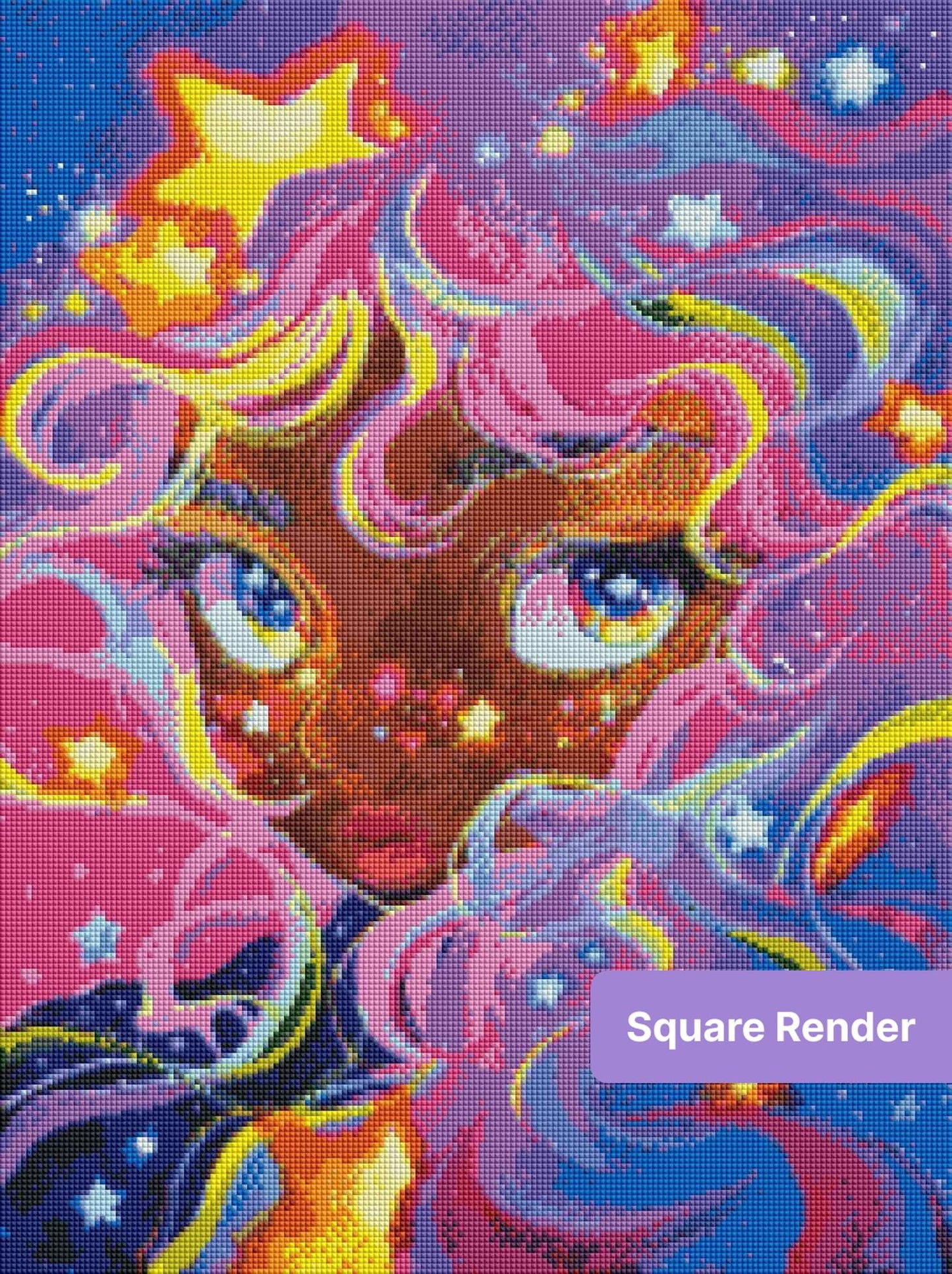 Colorful fantasy girl portrait with rainbow hair, glowing stars, and vivid purple cosmic background