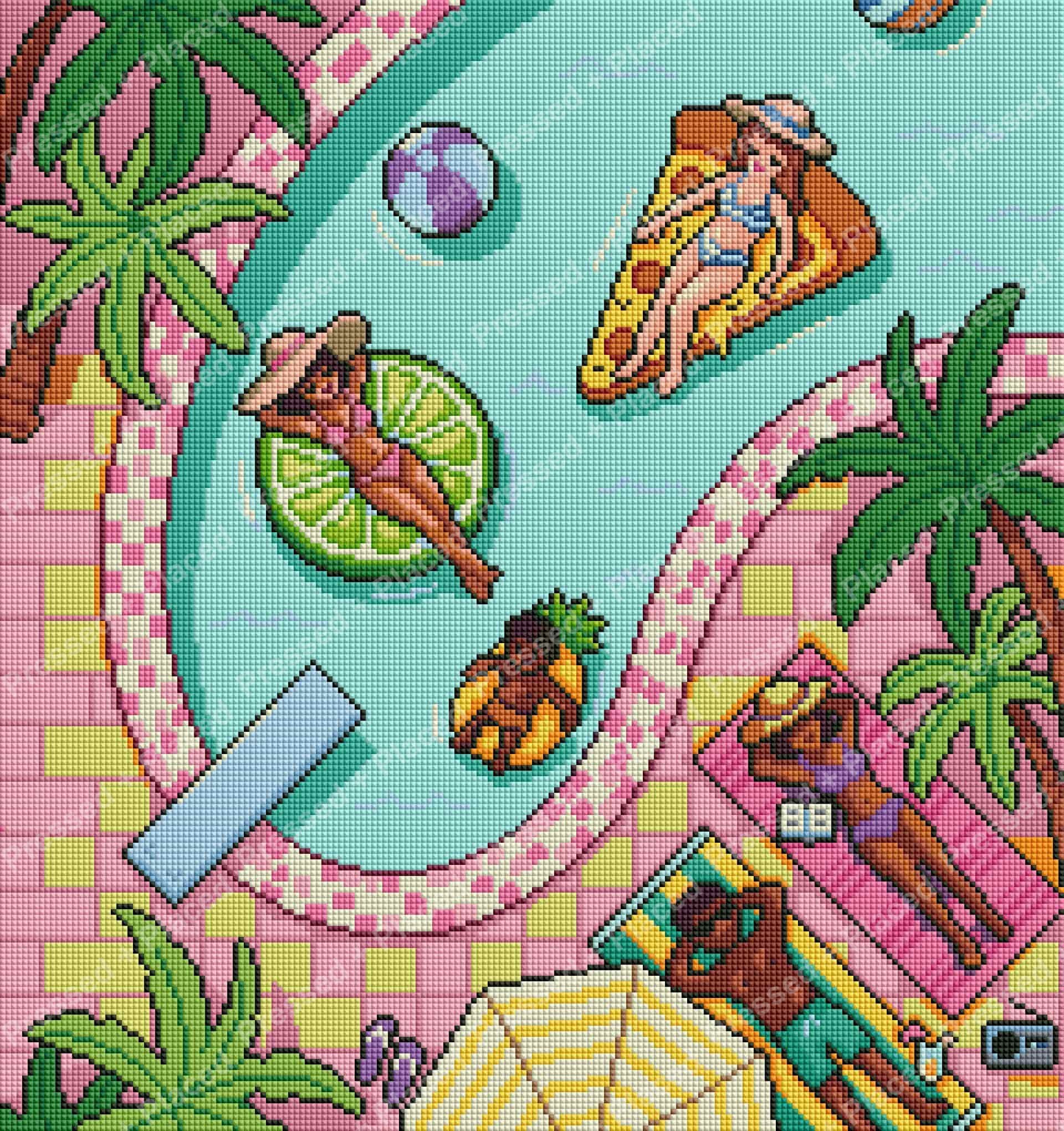 Colorful tropical beach diamond art with surfboards, palm leaves, and pastel coastal tones