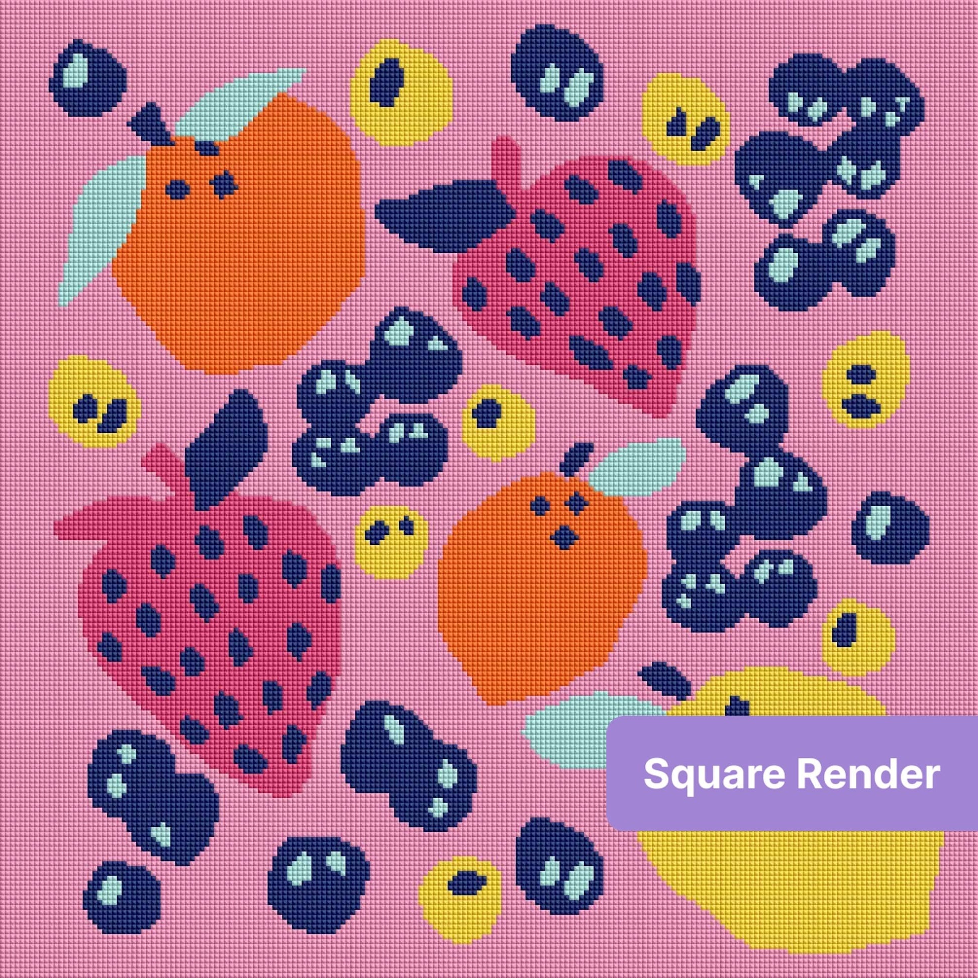 Colorful pop art fruit pattern with bright tropical shapes on a pink background