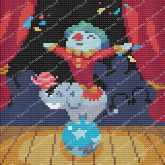 Pixel-style cat holding colorful ice cream with a bold dark background and pastel accents