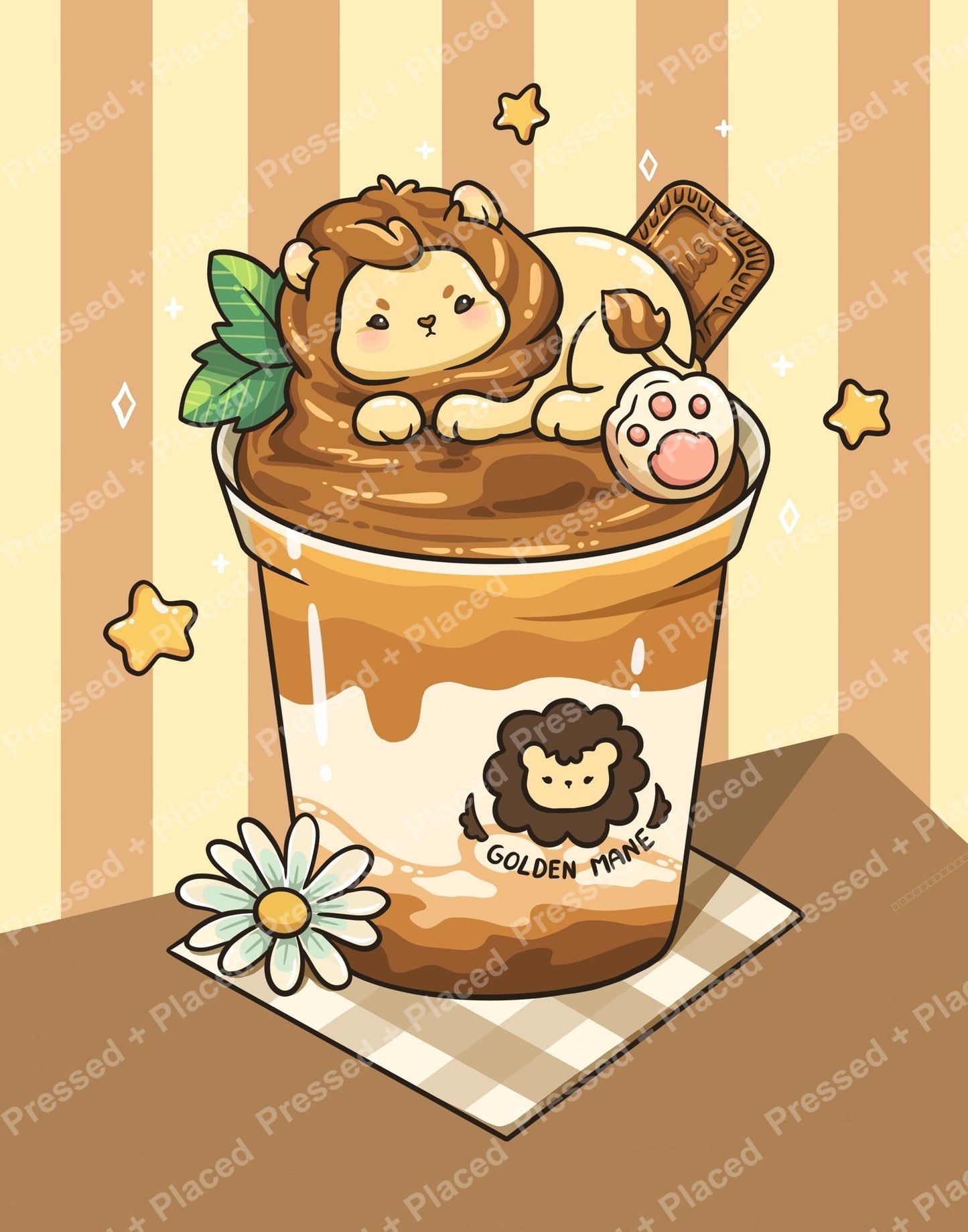 Cute lion cub dessert cup illustration with warm brown tones, stars, and a daisy