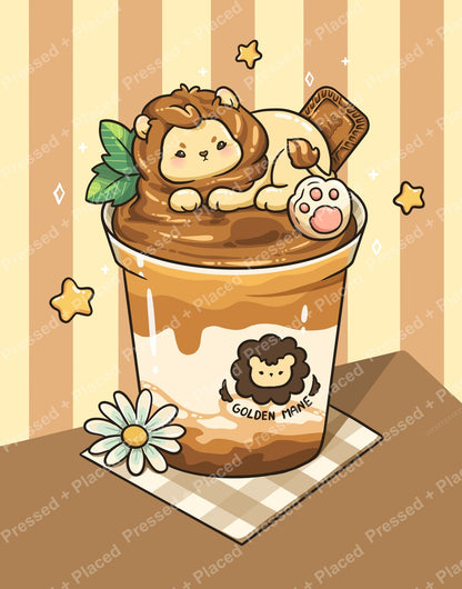 Cute lion cub dessert cup illustration with warm brown tones, stars, and a daisy
