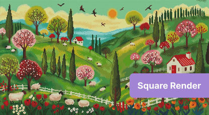 Colorful spring countryside landscape with sheep, flowering trees, cottages, and rolling hills