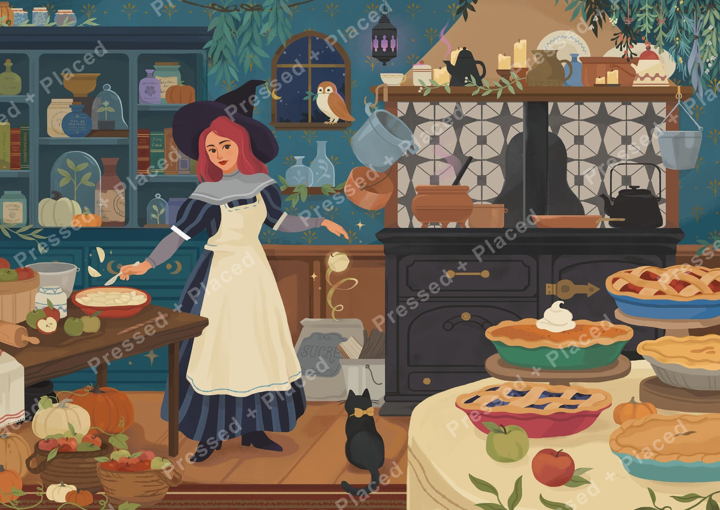 Whimsical witch baking pies in a cozy autumn kitchen with rustic cottagecore details