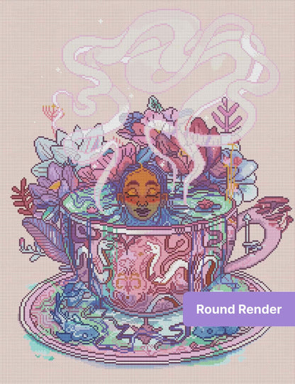 Pastel floral tea cup illustration with serene face, steaming swirl, and decorative pattern details