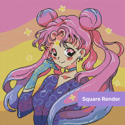 Cute anime girl with pink-purple hair, pastel colors, and star accents in kawaii style