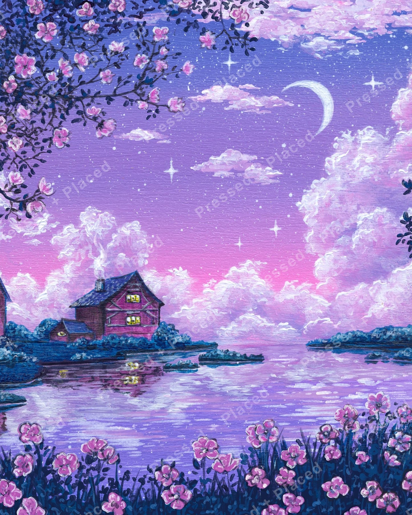 Moonlit cottage landscape with cherry blossoms, pastel sky, and reflective lavender water