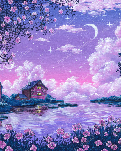 Moonlit cottage landscape with cherry blossoms, pastel sky, and reflective lavender water