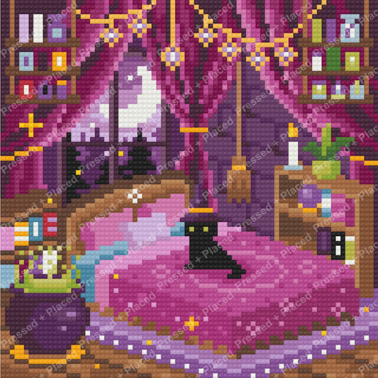 Fantasy witch bedroom with black cat, purple bedding, candles, and enchanted shelves