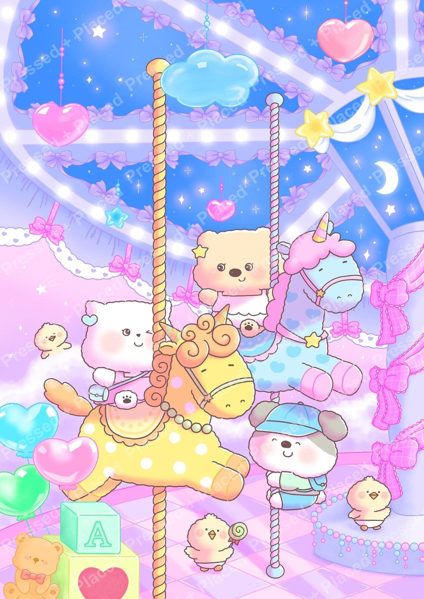 Kawaii carousel diamond painting with pastel animal characters, hearts, stars, and dreamy night sky