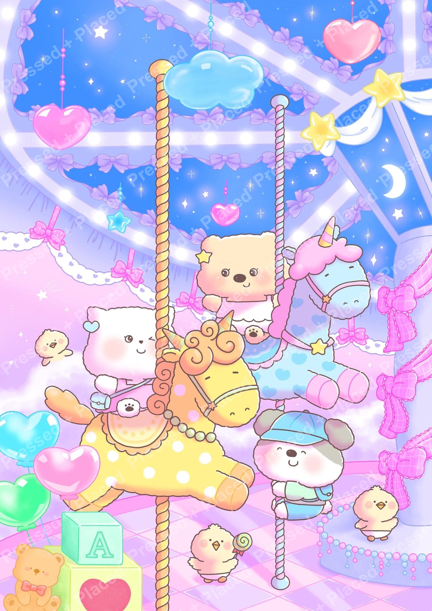 Kawaii carousel diamond painting with pastel animal characters, hearts, stars, and dreamy night sky