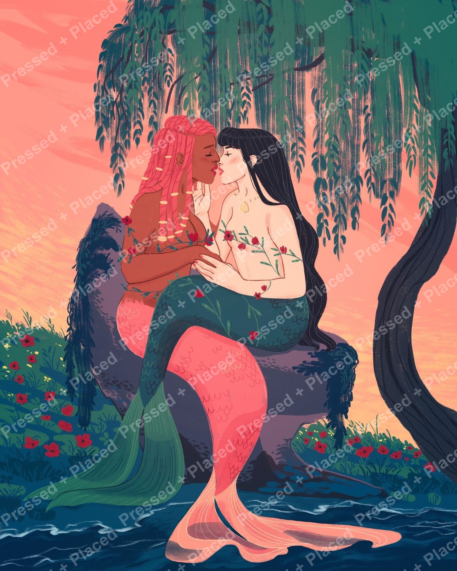 Two mermaids kissing beneath a willow tree in a romantic fantasy scene