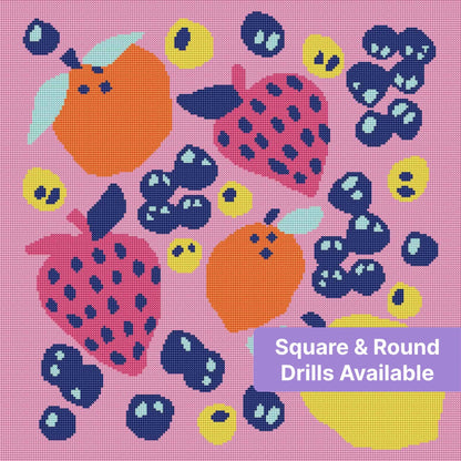 Colorful pop art fruit pattern with bright tropical shapes on a pink background
