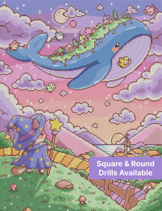Cute pastel whale fantasy scene with clouds, village, and a little witch on a hill